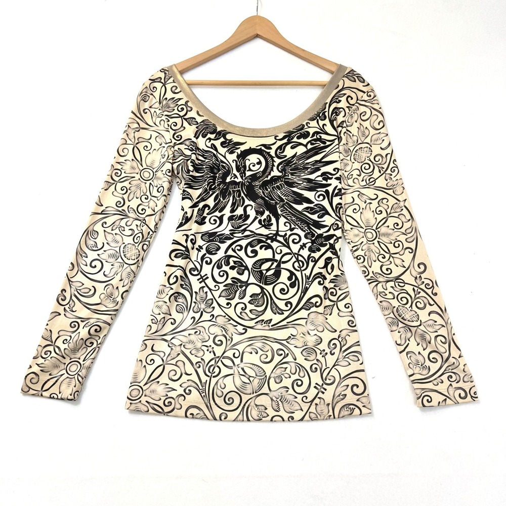y2k Nally & Millie Small Tan Black Graphic Long Sleeve Scoop Neck Top 401944D